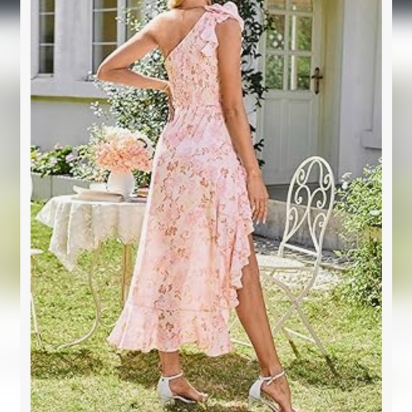 Elegant Pink Floral Hi Low One-Shoulder Dress NWT - Picture 3 of 16